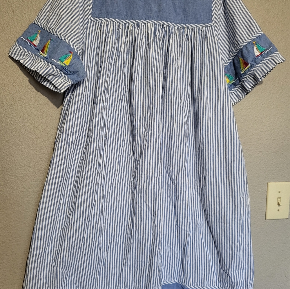 Cabernet Blue and White Striped Womens House Dress with Sailboat Design Size M - Picture 5 of 7